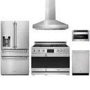Stainless steel Thor Kitchen appliance package with 36-inch range, range hood, refrigerator with water dispenser, dishwasher, microwave drawer