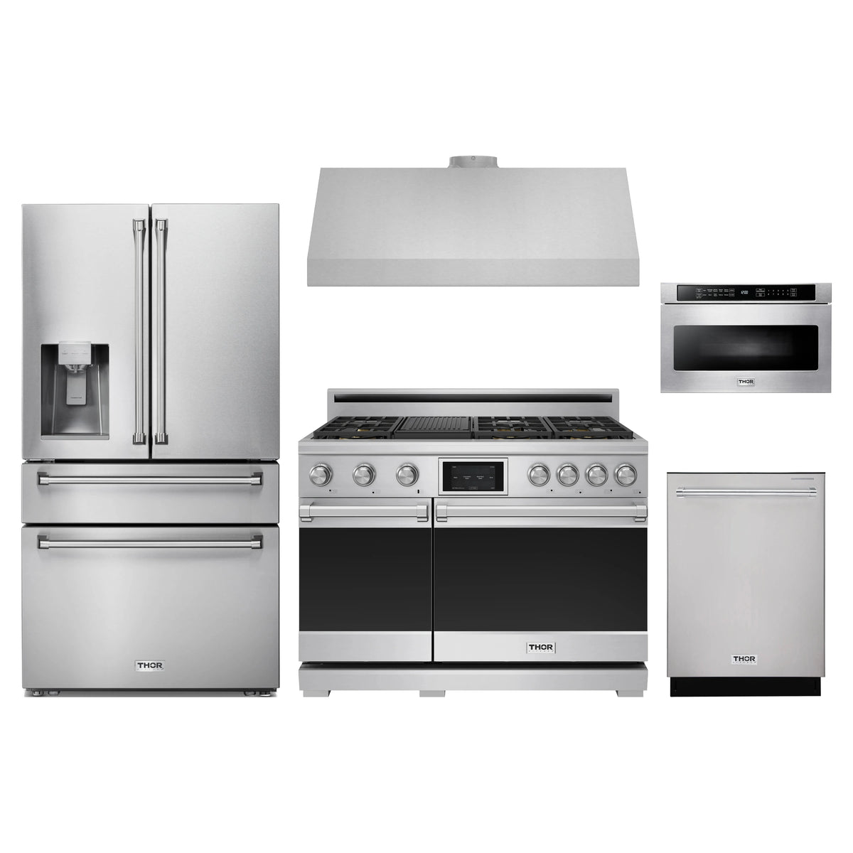 Thor Kitchen 5-Piece Appliance Package - 48-Inch Propane Dual Fuel Range, Refrigerator with Water Dispenser, Under Cabinet Hood, Dishwasher, & Microwave Drawer in Stainless Steel