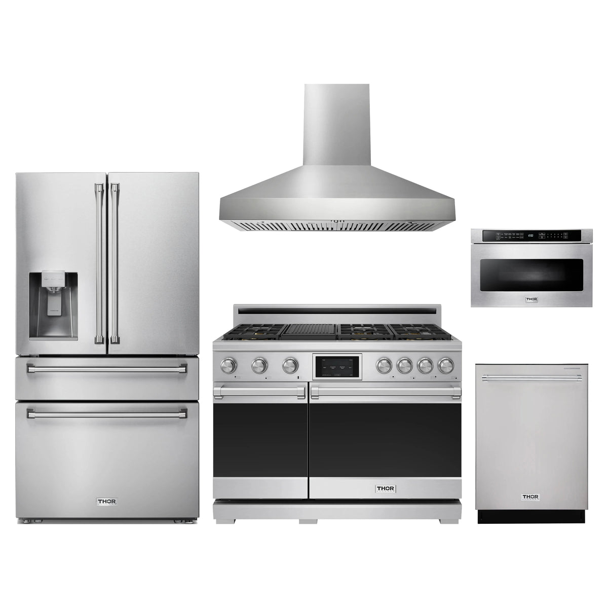 Thor Kitchen 5-Piece Appliance Package - 48-Inch Propane Dual Fuel Range, Refrigerator with Water Dispenser, Wall Mount Hood, Dishwasher, & Microwave Drawer in Stainless Steel