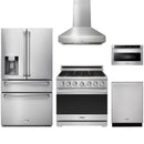 Stainless steel Thor Kitchen appliance package with 36-inch range, range hood, refrigerator with water dispenser, dishwasher, microwave drawer