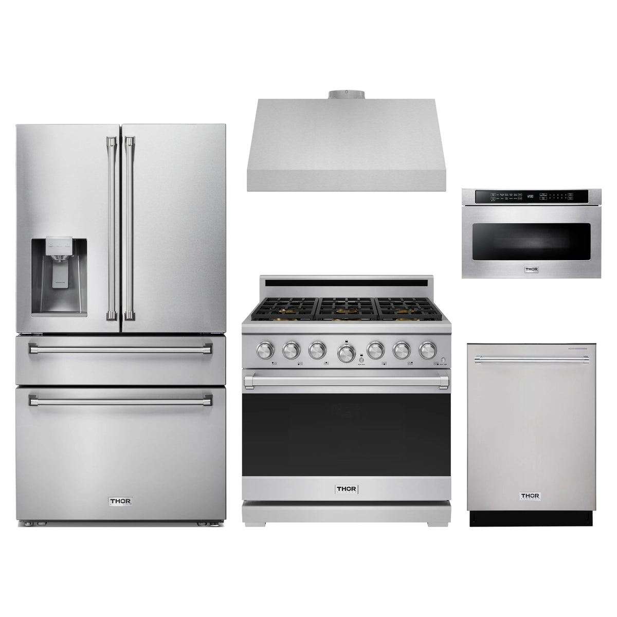 Thor Kitchen 5-Piece Appliance Package - 36-Inch Natural Gas Range, Refrigerator with Water Dispenser, Under Cabinet Hood, Dishwasher, & Microwave Drawer in Stainless Steel