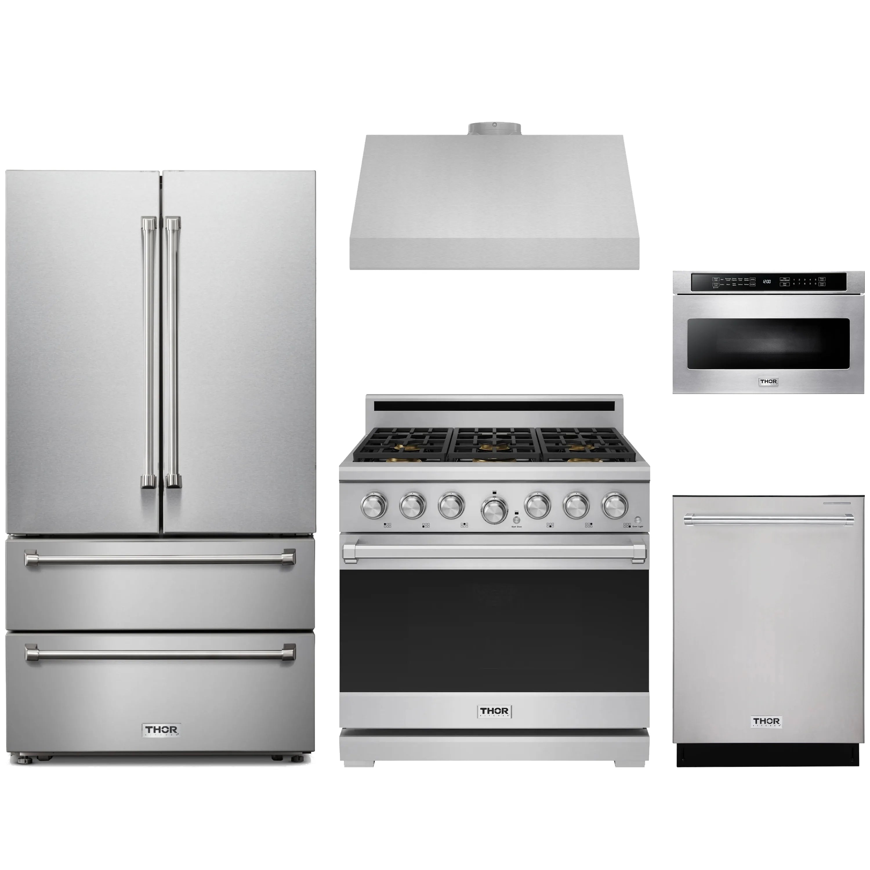 Stainless THOR appliance package with refrigerator, gas range, dishwasher, and microwave