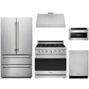 Stainless steel Thor Kitchen appliance package with 36-inch range, range hood, french door refrigerator, dishwasher, microwave drawer