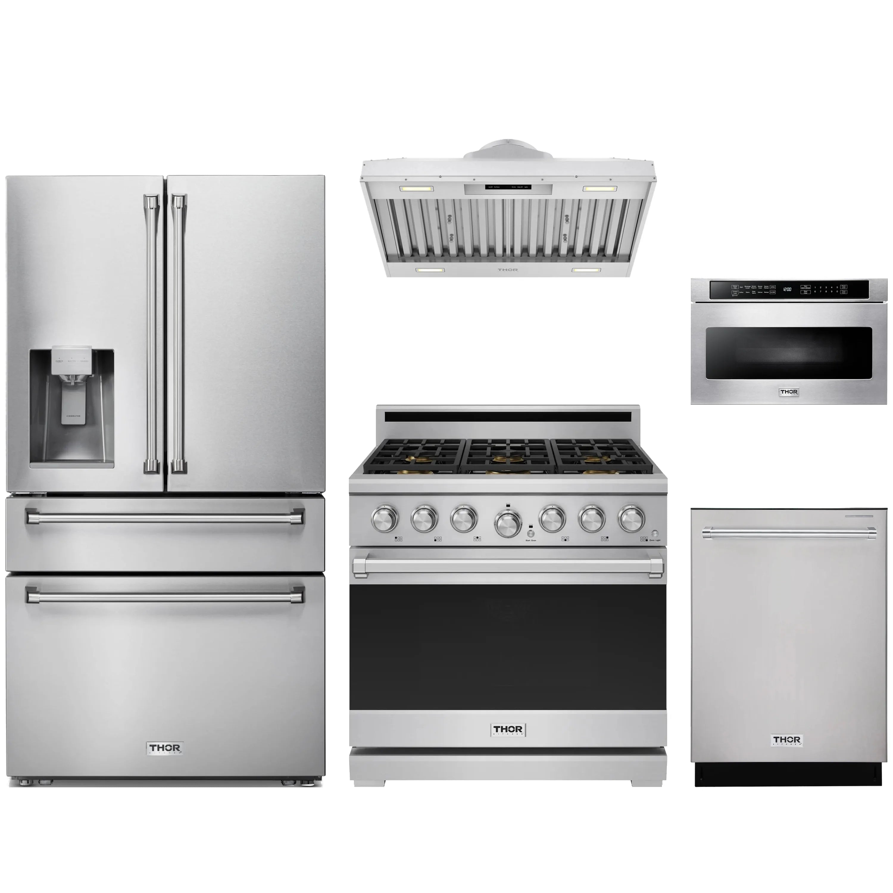 Stainless steel kitchen appliance package with refrigerator, range, dishwasher, microwave