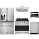 Stainless steel Thor Kitchen appliance package with 36-inch range, range hood, refrigerator with water dispenser, dishwasher, microwave drawer