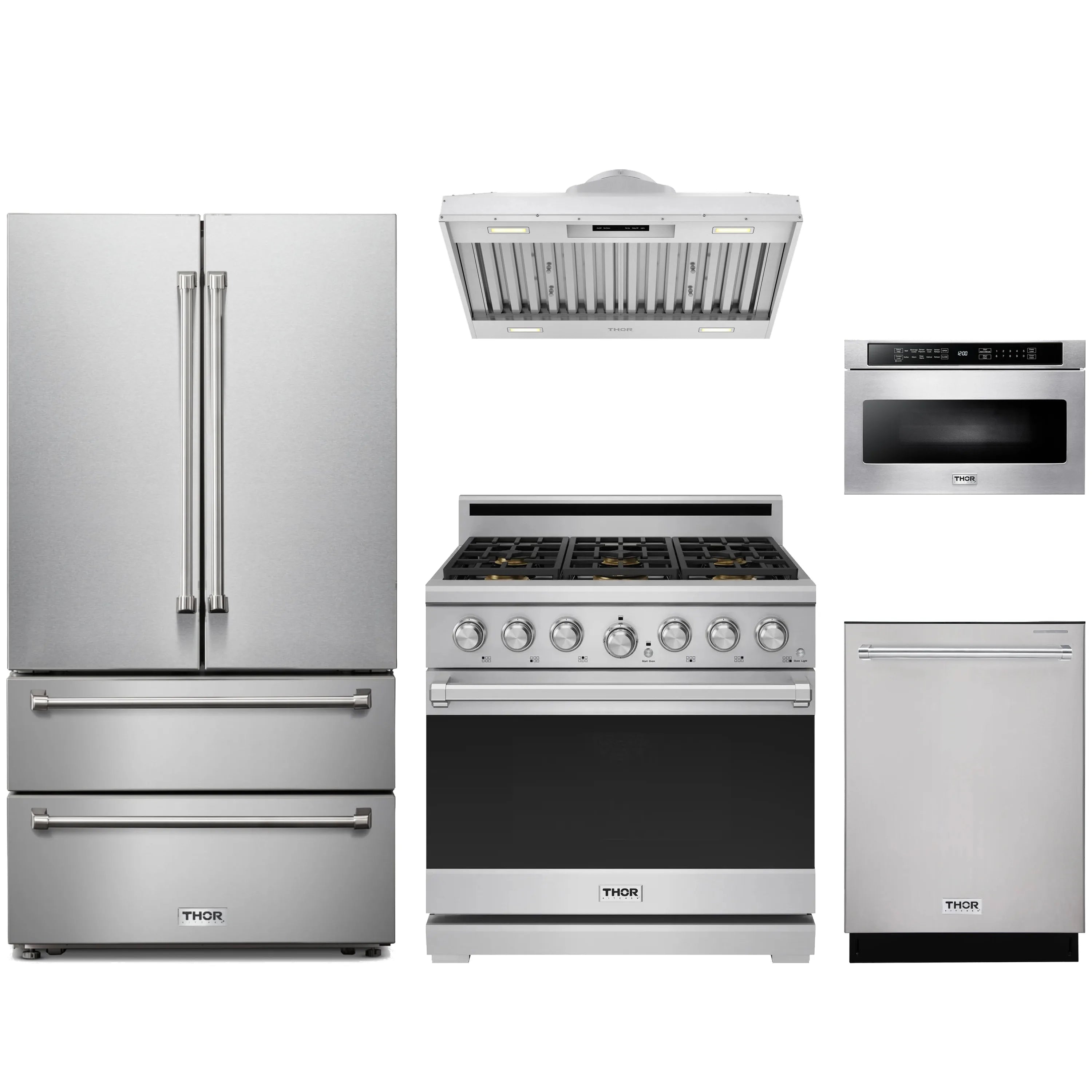 Five-piece Thor appliance package: fridge, range, hood, microwave, dishwasher
