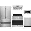 Stainless steel Thor Kitchen appliance package with 36-inch range, range hood, french door refrigerator, dishwasher, microwave drawer