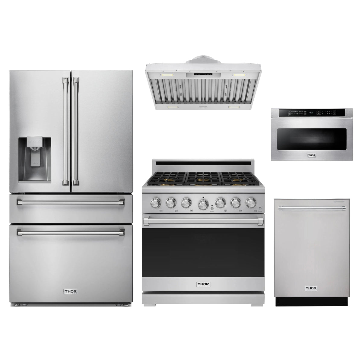 Thor Kitchen 5-Piece Appliance Package - 36-Inch Propane Gas Range, Refrigerator with Water Dispenser, Hood Insert, Dishwasher, & Microwave Drawer in Stainless Steel