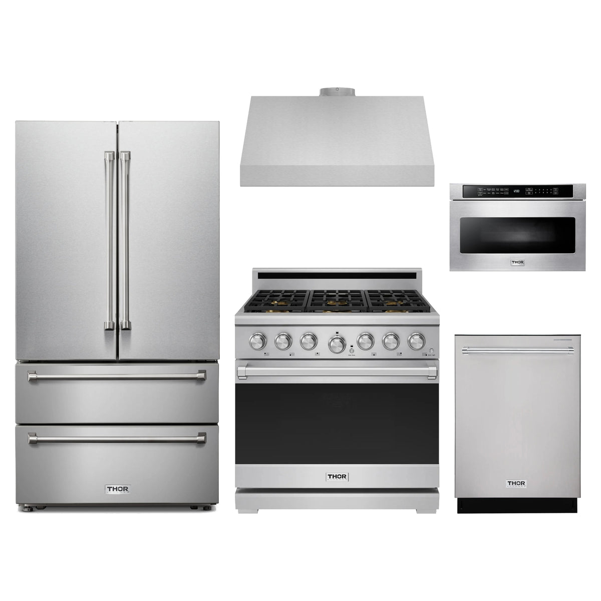 Thor Kitchen 5-Piece Appliance Package - 36-Inch Propane Gas Range, French Door Refrigerator, Under Cabinet Hood, Dishwasher, & Microwave Drawer in Stainless Steel
