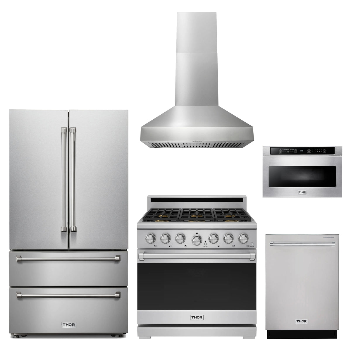 Thor Kitchen 5-Piece Appliance Package - 36-Inch Propane Gas Range, French Door Refrigerator, Wall Mount Hood, Dishwasher, & Microwave Drawer in Stainless Steel