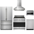 Stainless steel Thor Kitchen appliance package with 36-inch range, range hood, french door refrigerator, dishwasher, microwave drawer