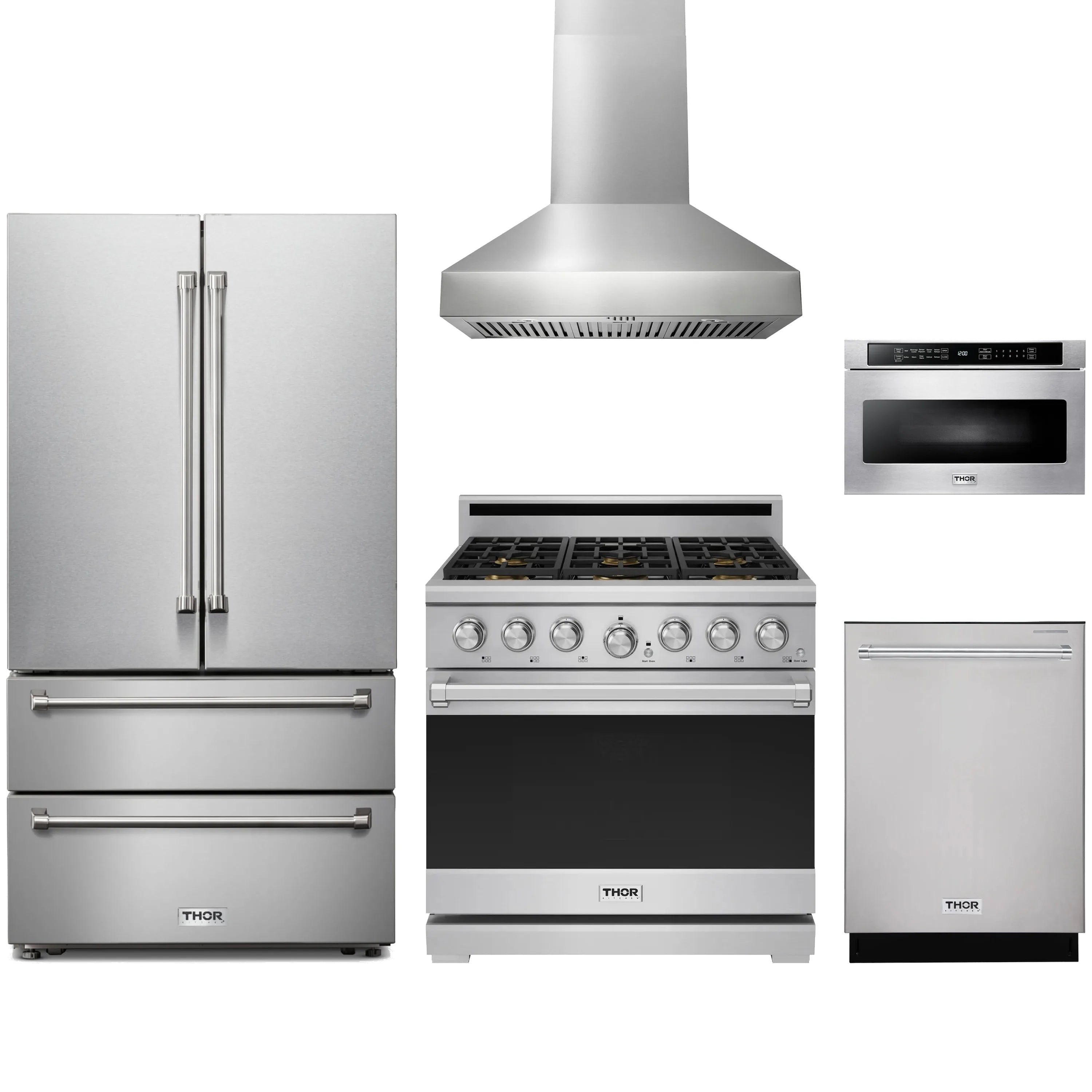 Stainless kitchen appliance set: refrigerator, range, hood, dishwasher, microwave drawer