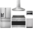 Stainless steel Thor Kitchen appliance package with 36-inch range, range hood, refrigerator with water dispenser, dishwasher, microwave drawer