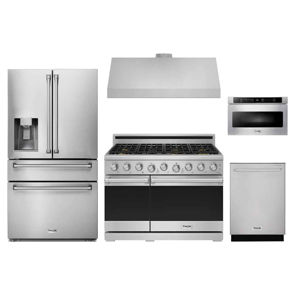 Thor Kitchen 5-Piece Appliance Package - 48-Inch Natural Gas Range, Refrigerator with Water Dispenser, Under Cabinet Hood, Dishwasher, & Microwave Drawer in Stainless Steel
