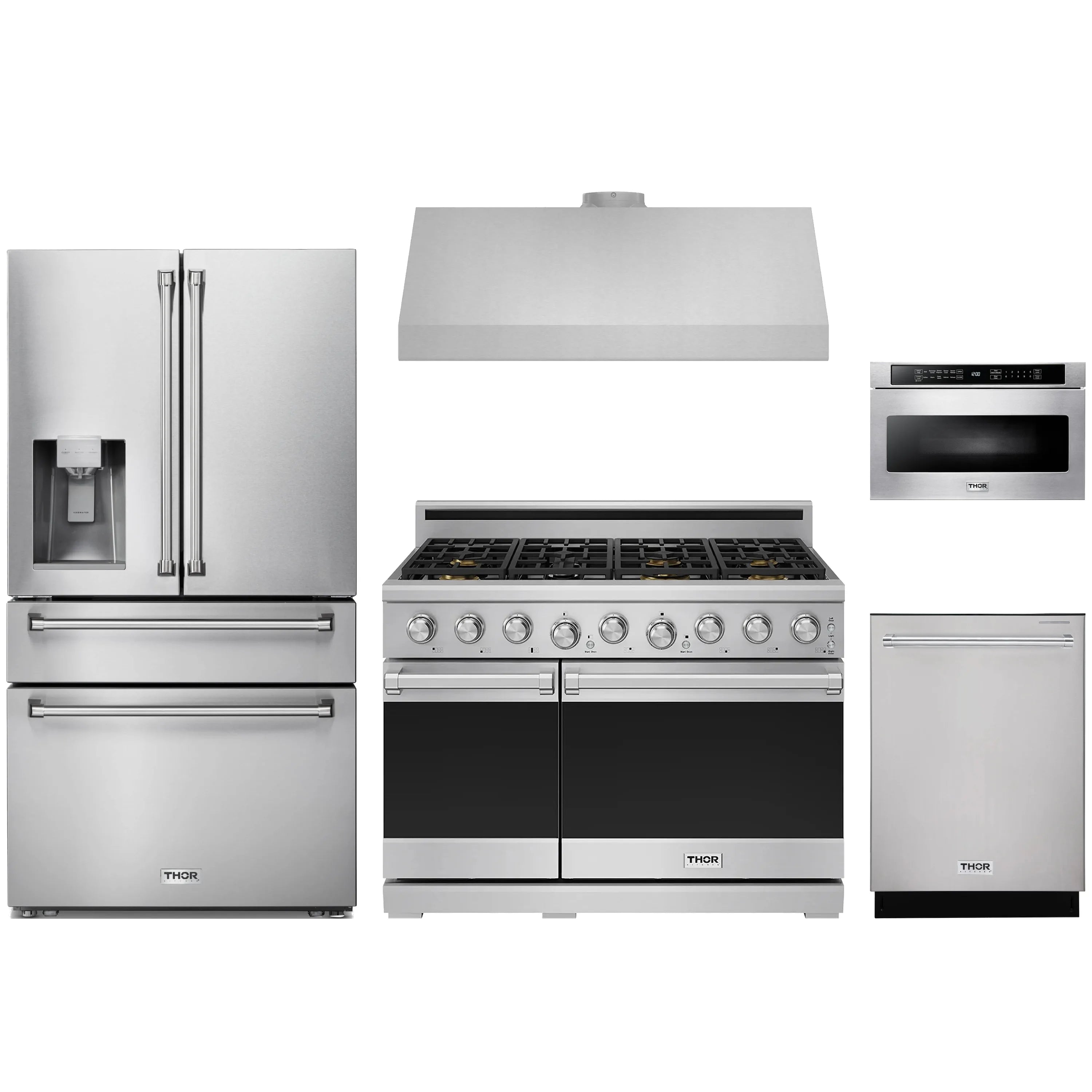 Thor 5-piece stainless steel appliance package with refrigerator, range, hood, dishwasher, microwave