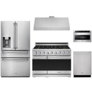 Stainless steel Thor Kitchen appliance package with 36-inch range, range hood, refrigerator with water dispenser, dishwasher, microwave drawer