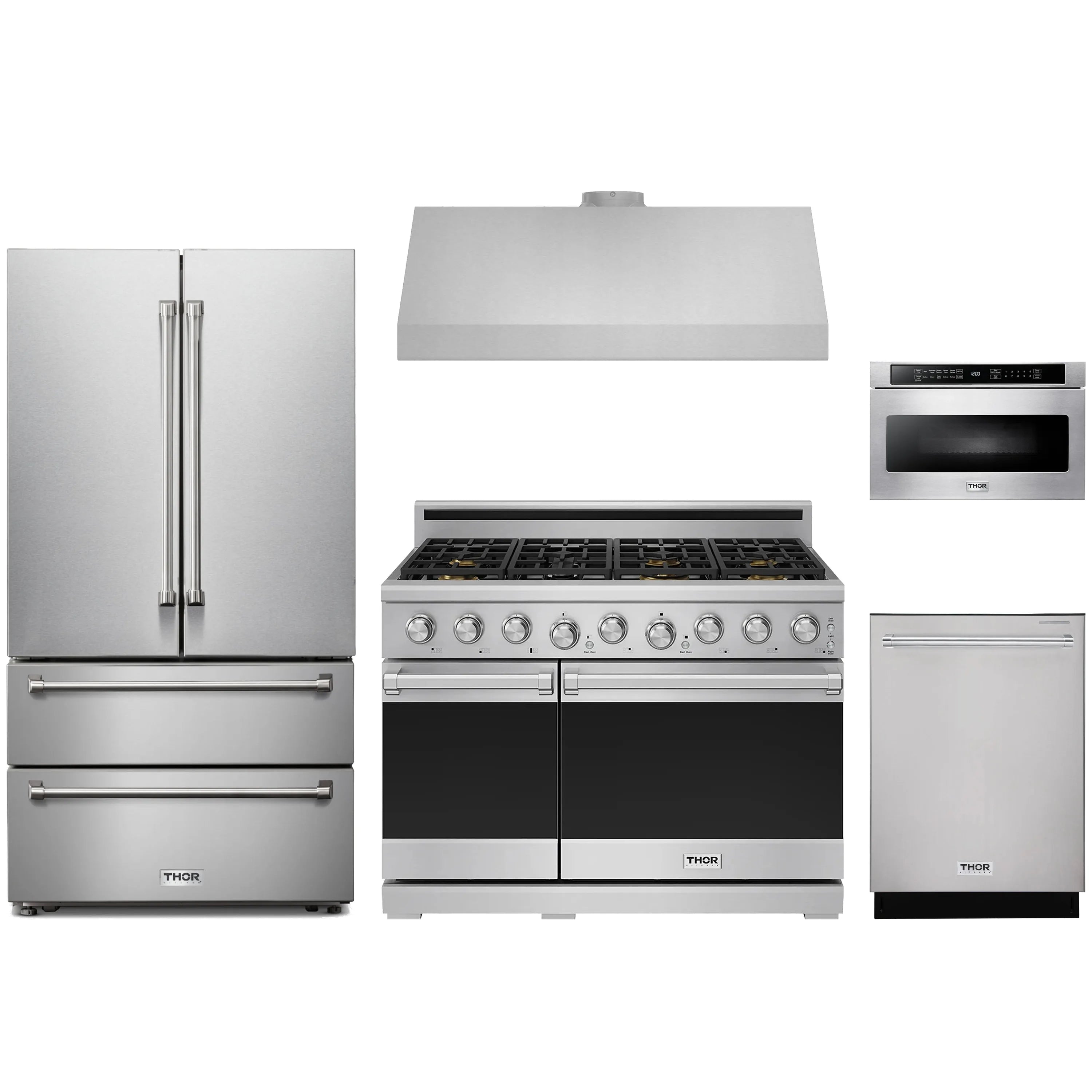 Stainless steel appliance package with refrigerator, range, hood, microwave and dishwasher
