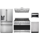 Stainless steel Thor Kitchen appliance package with 36-inch range, range hood, refrigerator with water dispenser, dishwasher, microwave drawer