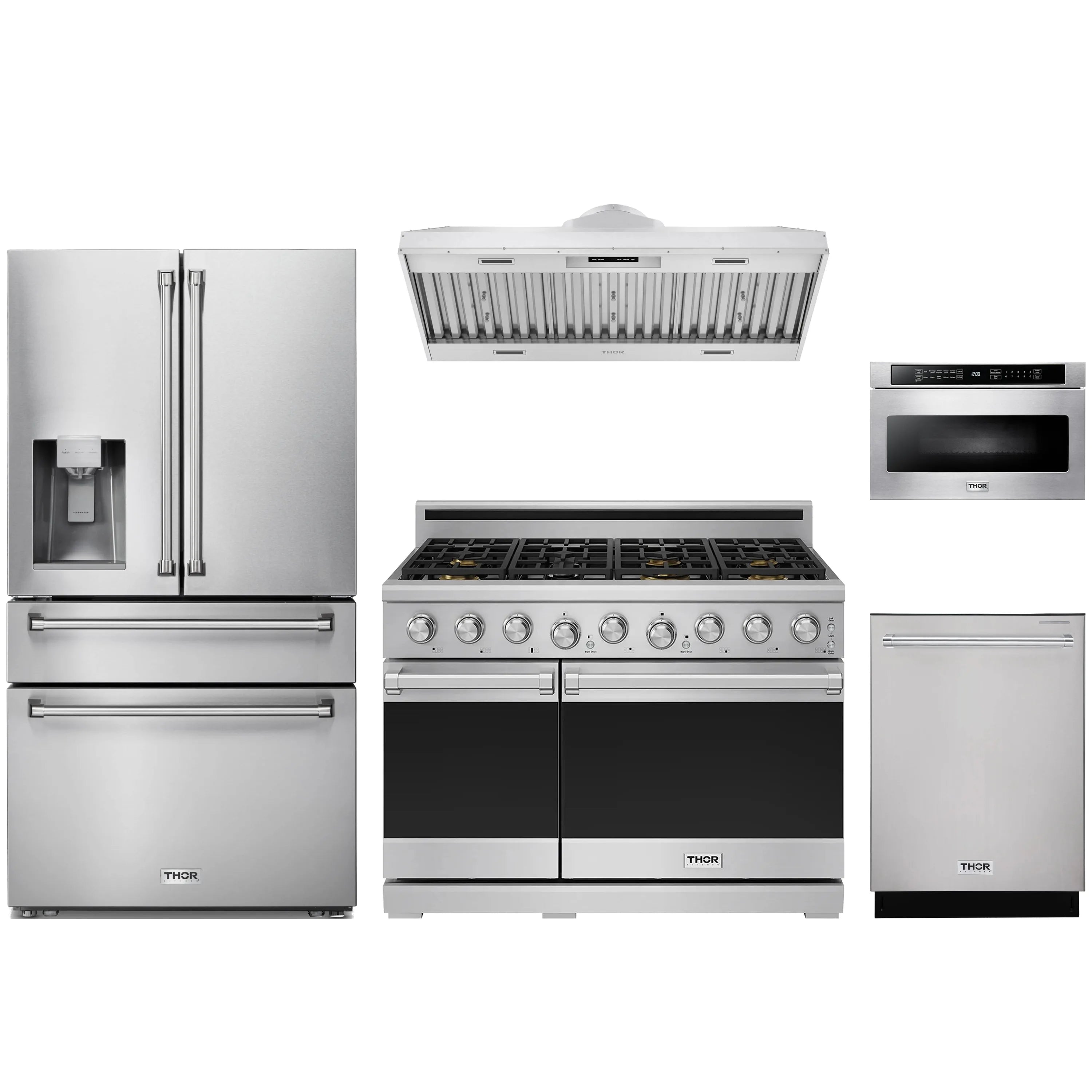 Stainless steel appliance package set with refrigerator, range, microwave, dishwasher, hood