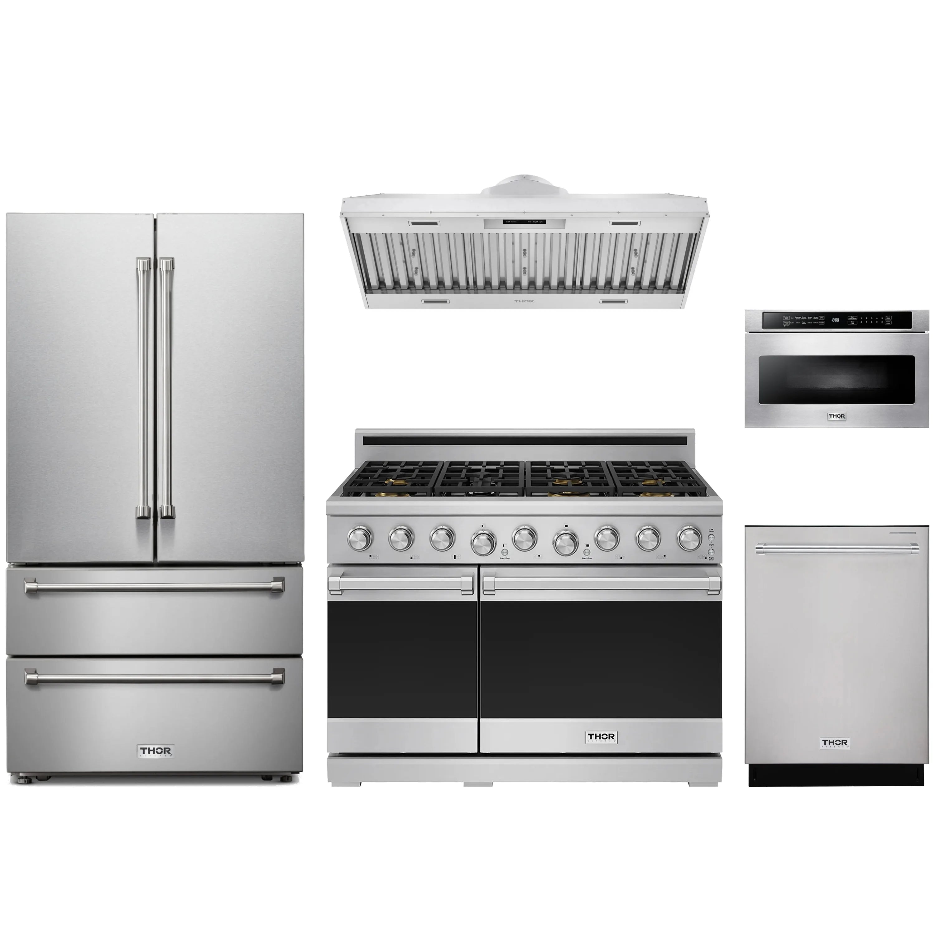 Stainless steel 5-piece kitchen appliance set: fridge, gas range, dishwasher, microwave