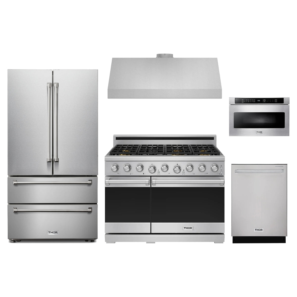 Thor Kitchen 5-Piece Appliance Package - 48-Inch Propane Gas Range, French Door Refrigerator, Under Cabinet Hood, Dishwasher, & Microwave Drawer in Stainless Steel