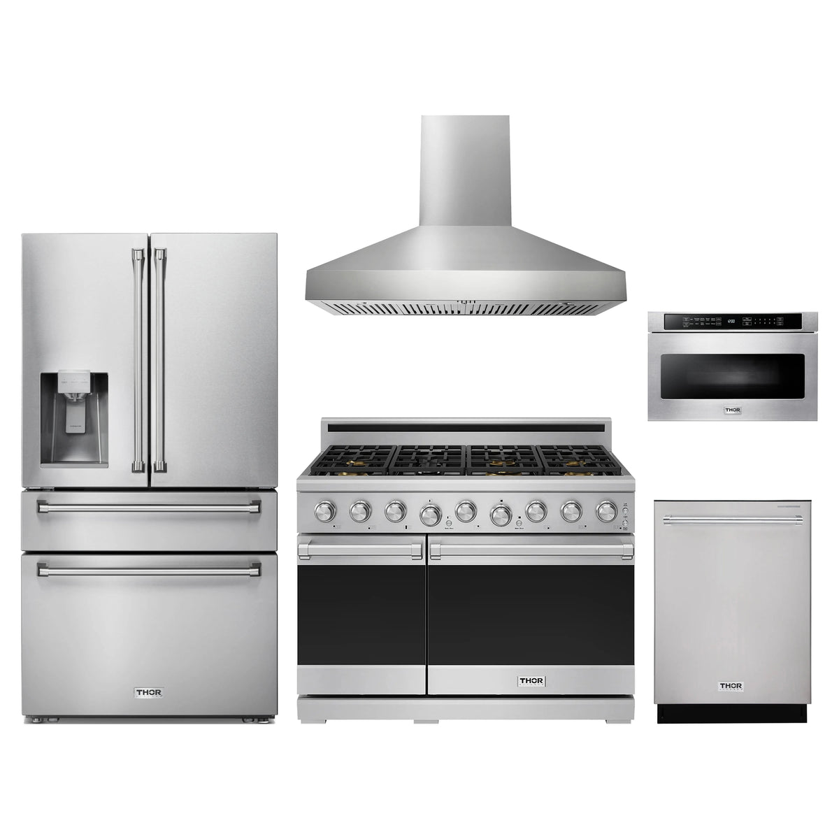 Thor Kitchen 5-Piece Appliance Package - 48-Inch Propane Gas Range, Refrigerator with Water Dispenser, Wall Mount Hood, Dishwasher, & Microwave Drawer in Stainless Steel