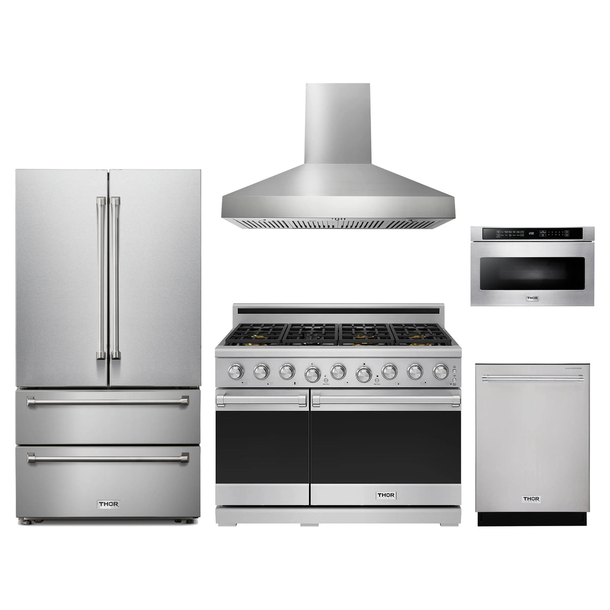 Thor Kitchen 5-Piece Appliance Package - 48-Inch Propane Gas Range, French Door Refrigerator, Wall Mount Hood, Dishwasher, & Microwave Drawer in Stainless Steel