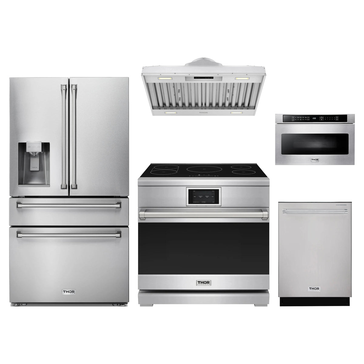 Thor Kitchen 5-Piece Appliance Package - 36-Inch Induction Range, Refrigerator with Water Dispenser, Hood Insert, Dishwasher, & Microwave Drawer in Stainless Steel