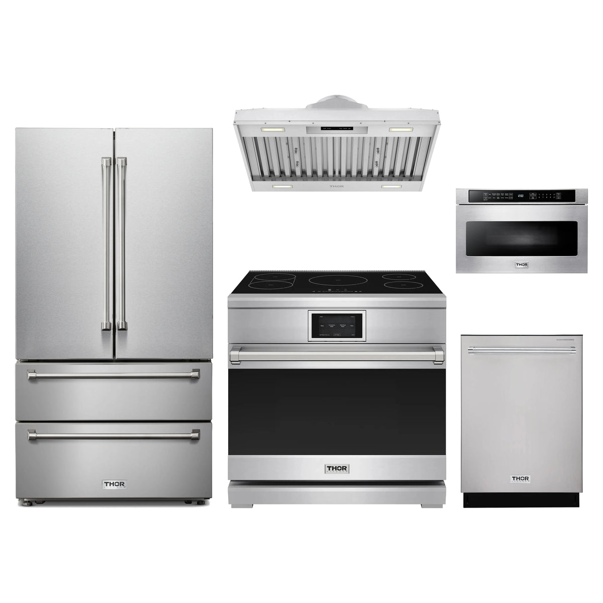 Thor Kitchen 5-Piece Appliance Package - 36-Inch Induction Range, French Door Refrigerator, Hood Insert, Dishwasher, & Microwave Drawer in Stainless Steel