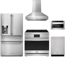Stainless steel Thor Kitchen appliance package with 36-inch range, range hood, refrigerator with water dispenser, dishwasher, microwave drawer