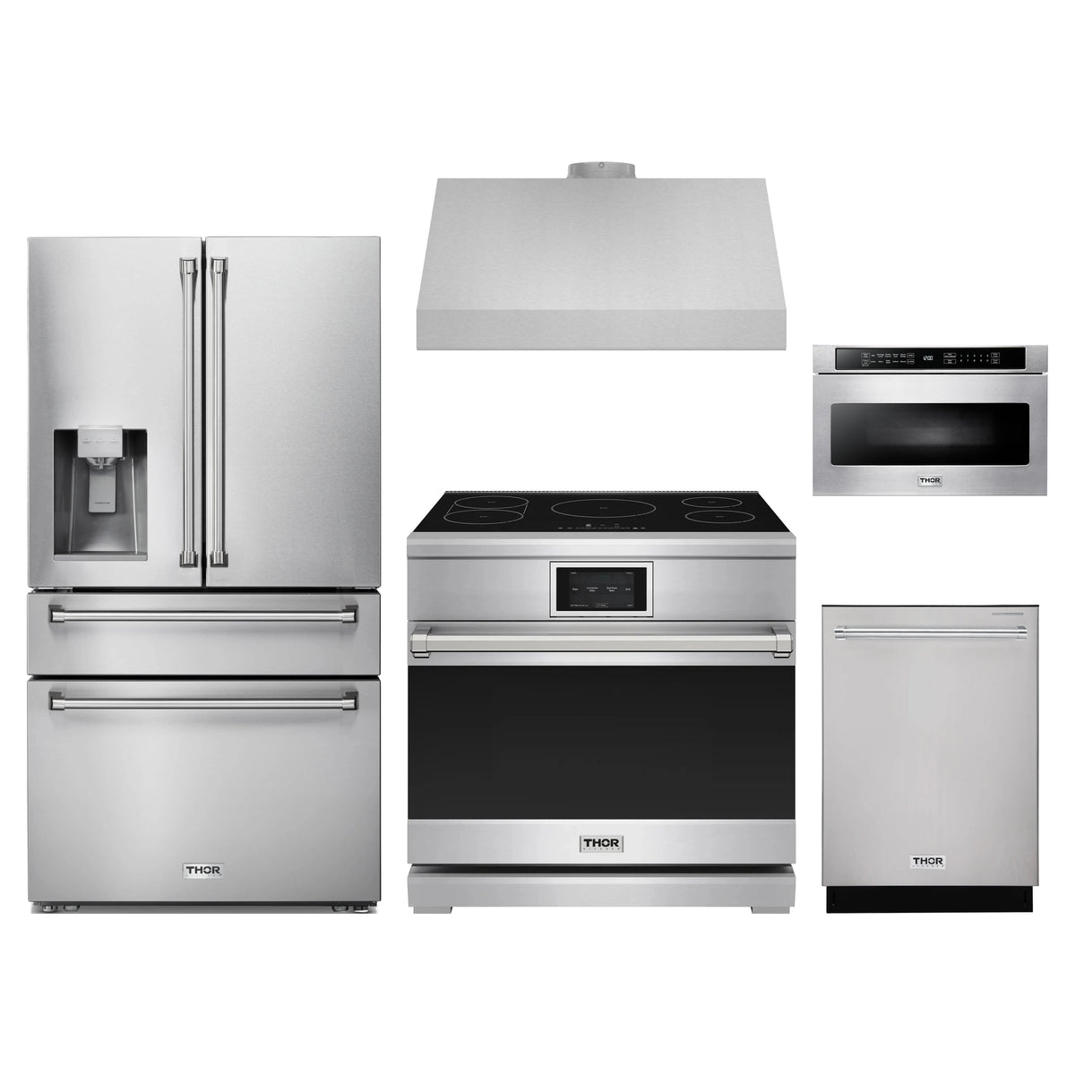Thor Kitchen 5-Piece Appliance Package - 36-Inch Induction Range, Refrigerator with Water Dispenser, Under Cabinet Hood, Dishwasher, & Microwave Drawer in Stainless Steel