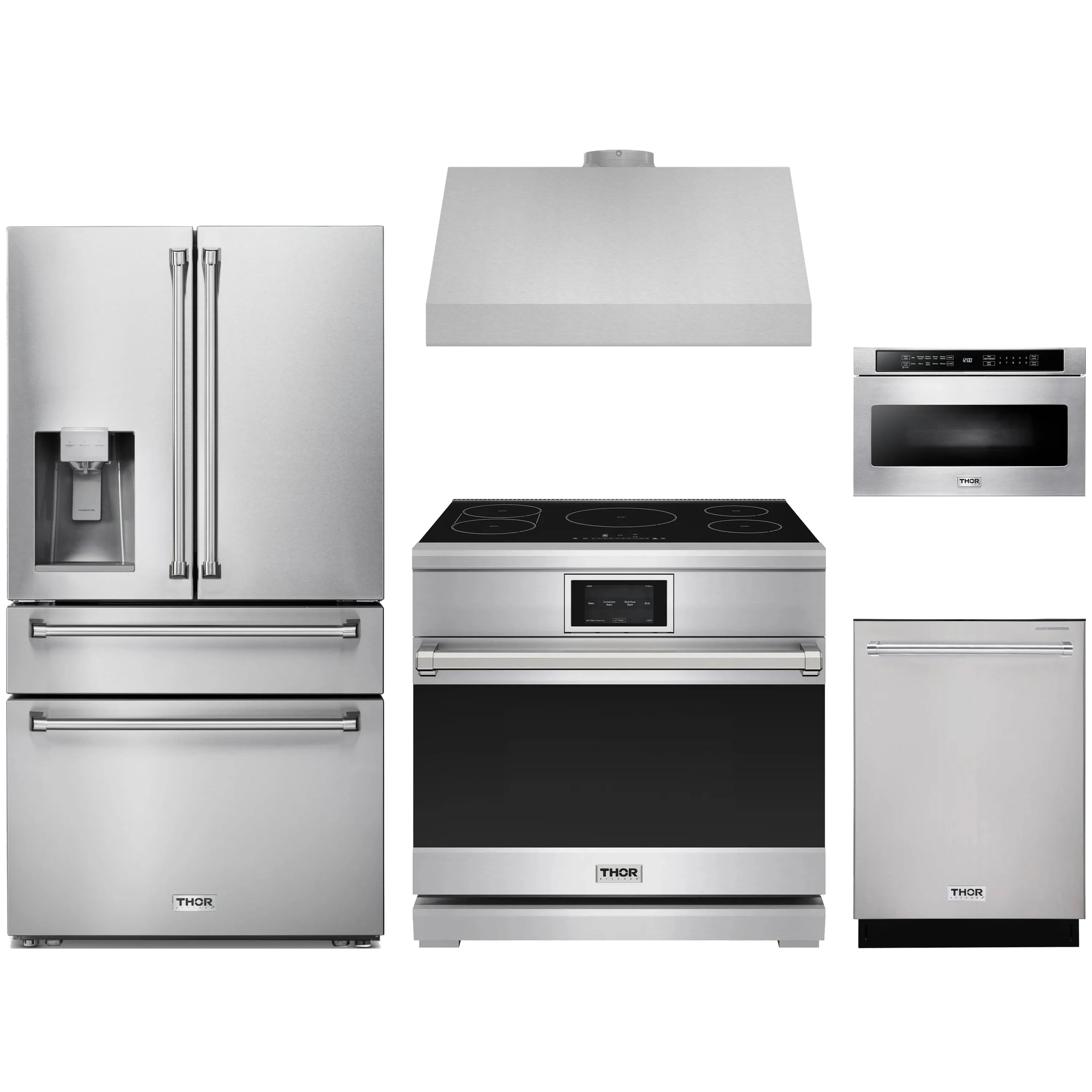 Stainless steel kitchen appliance bundle with refrigerator, induction range, dishwasher, and hood