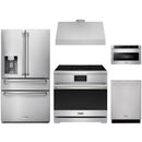 Stainless steel Thor Kitchen appliance package with 36-inch range, range hood, refrigerator with water dispenser, dishwasher, microwave drawer