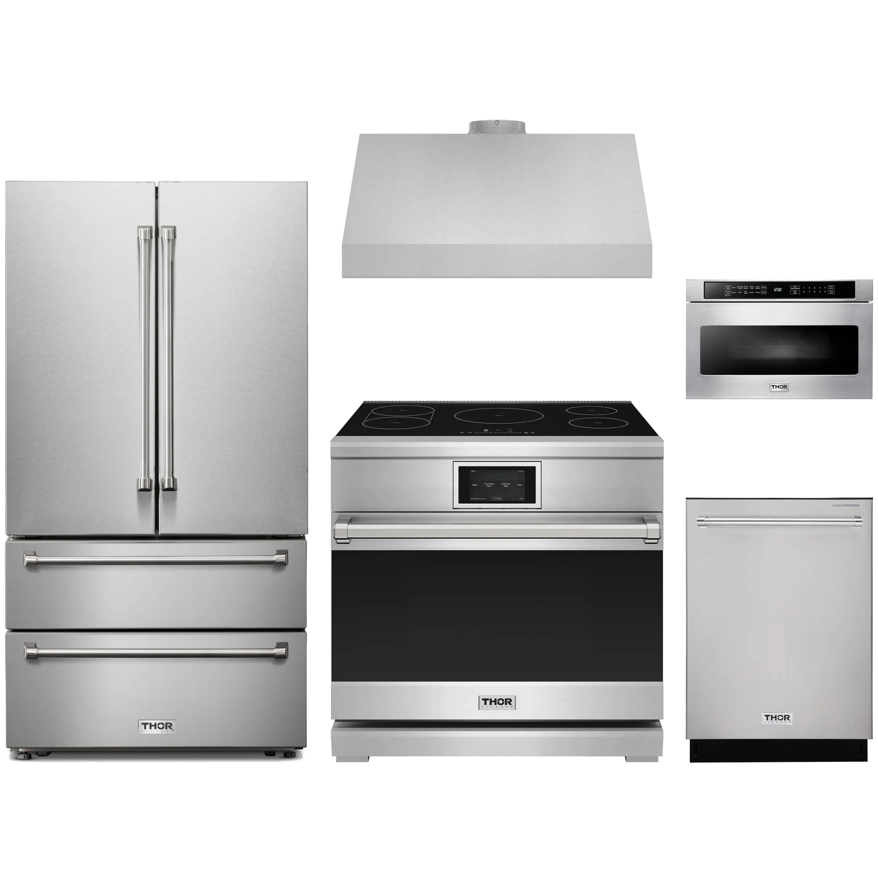 Stainless steel kitchen appliance package: French door refrigerator, induction range, hood, dishwasher