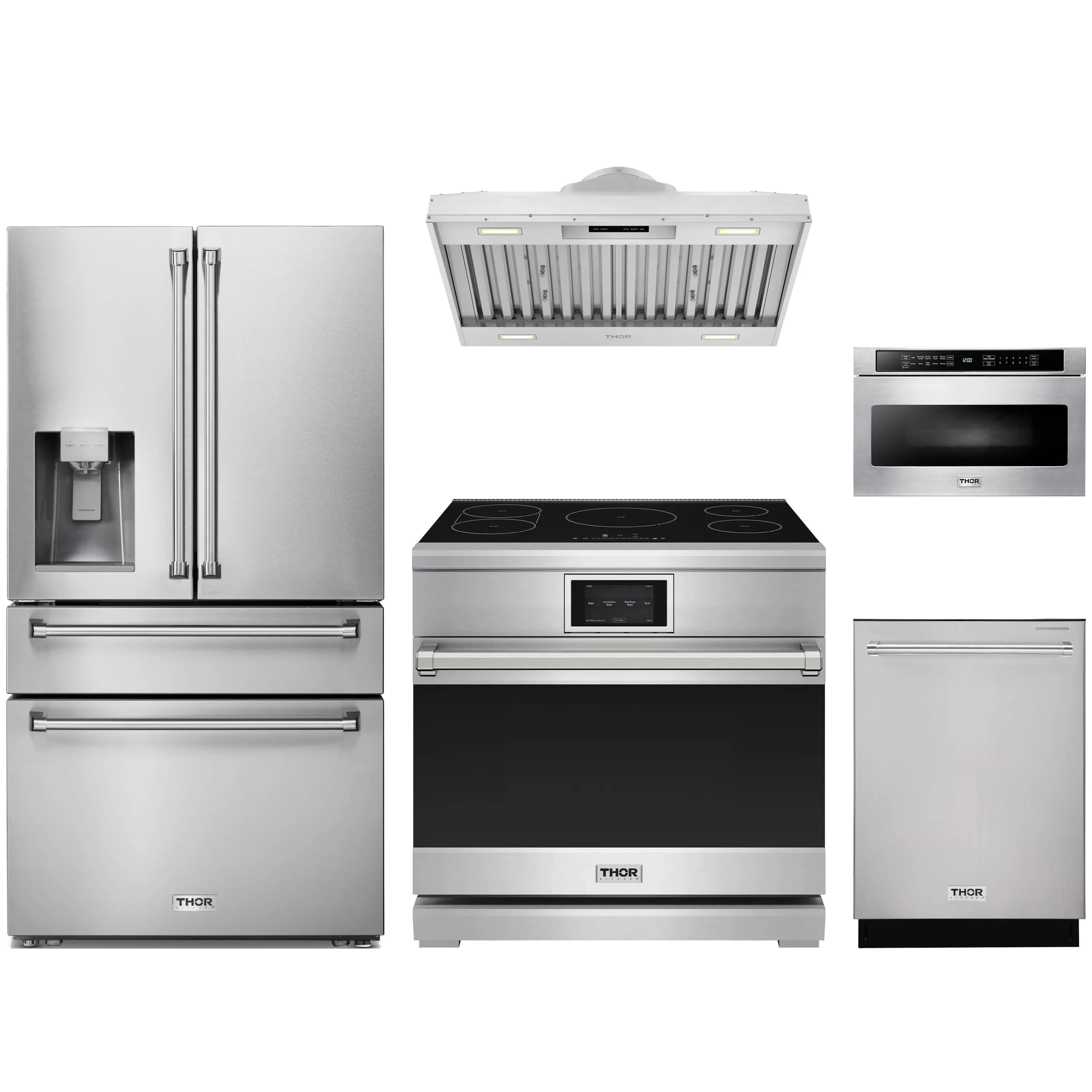 Stainless steel appliance package lineup with refrigerator, range, and microwave