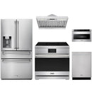 Stainless steel Thor Kitchen appliance package with 36-inch range, range hood, refrigerator with water dispenser, dishwasher, microwave drawer