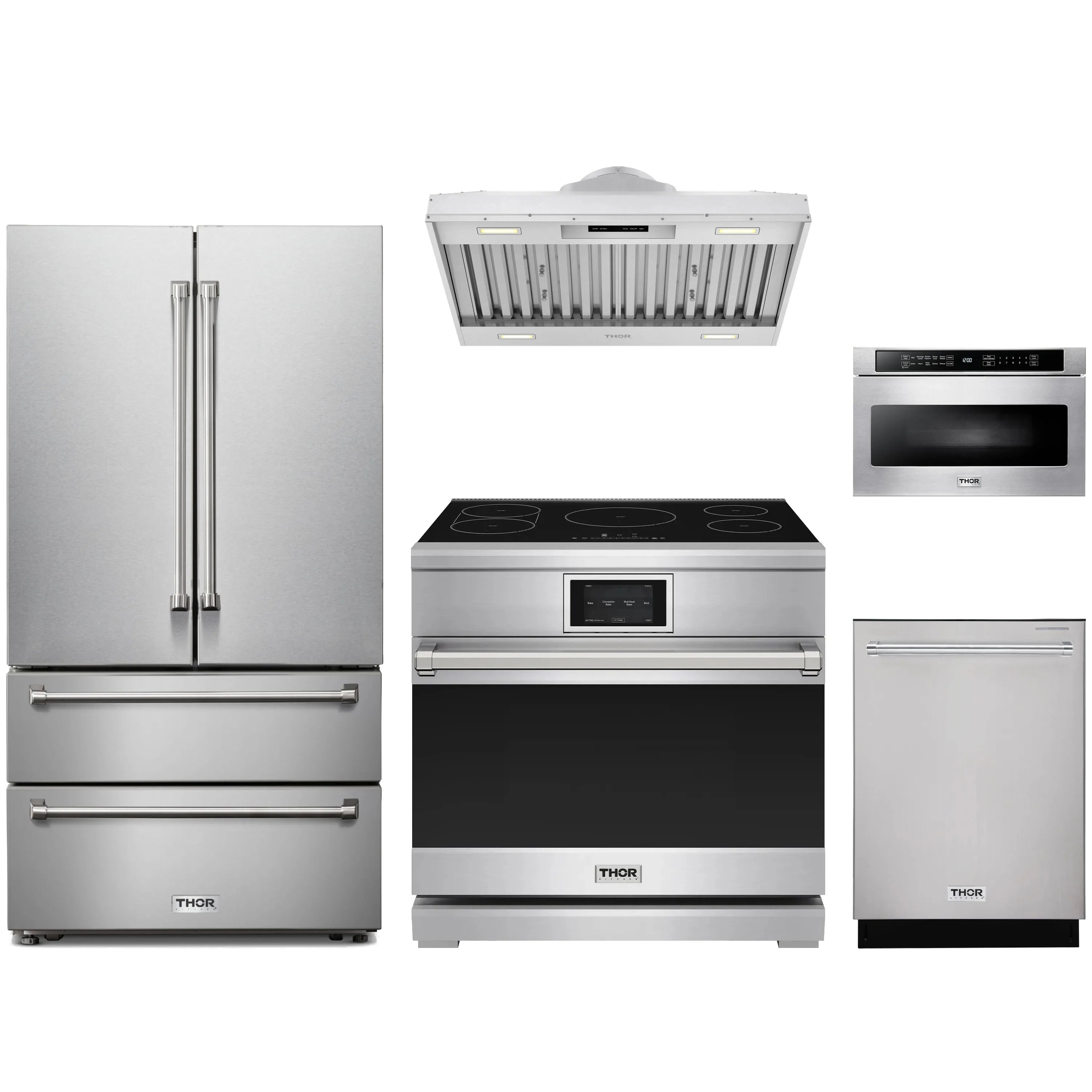 Stainless steel appliance package: French door refrigerator, induction range, dishwasher, hood