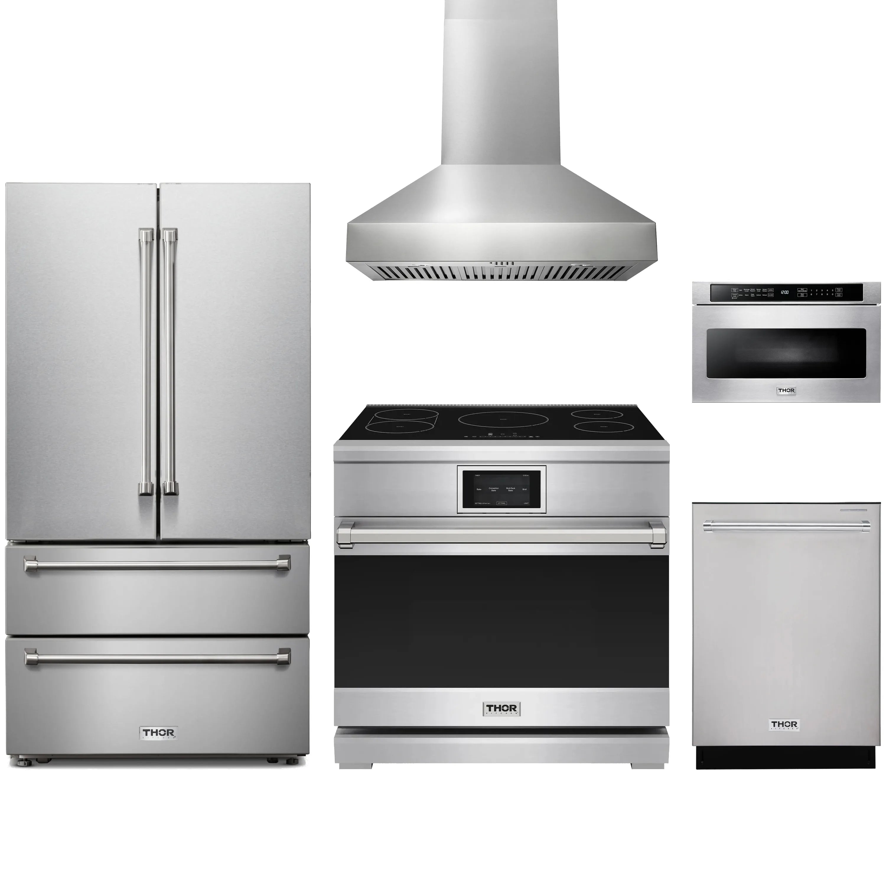Stainless steel appliance package with refrigerator, induction range, hood, microwave, and dishwasher
