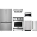 Stainless steel Thor Kitchen appliance package with 30-inch range, range hood, counter-depth refrigerator, dishwasher, microwave drawer, ice maker