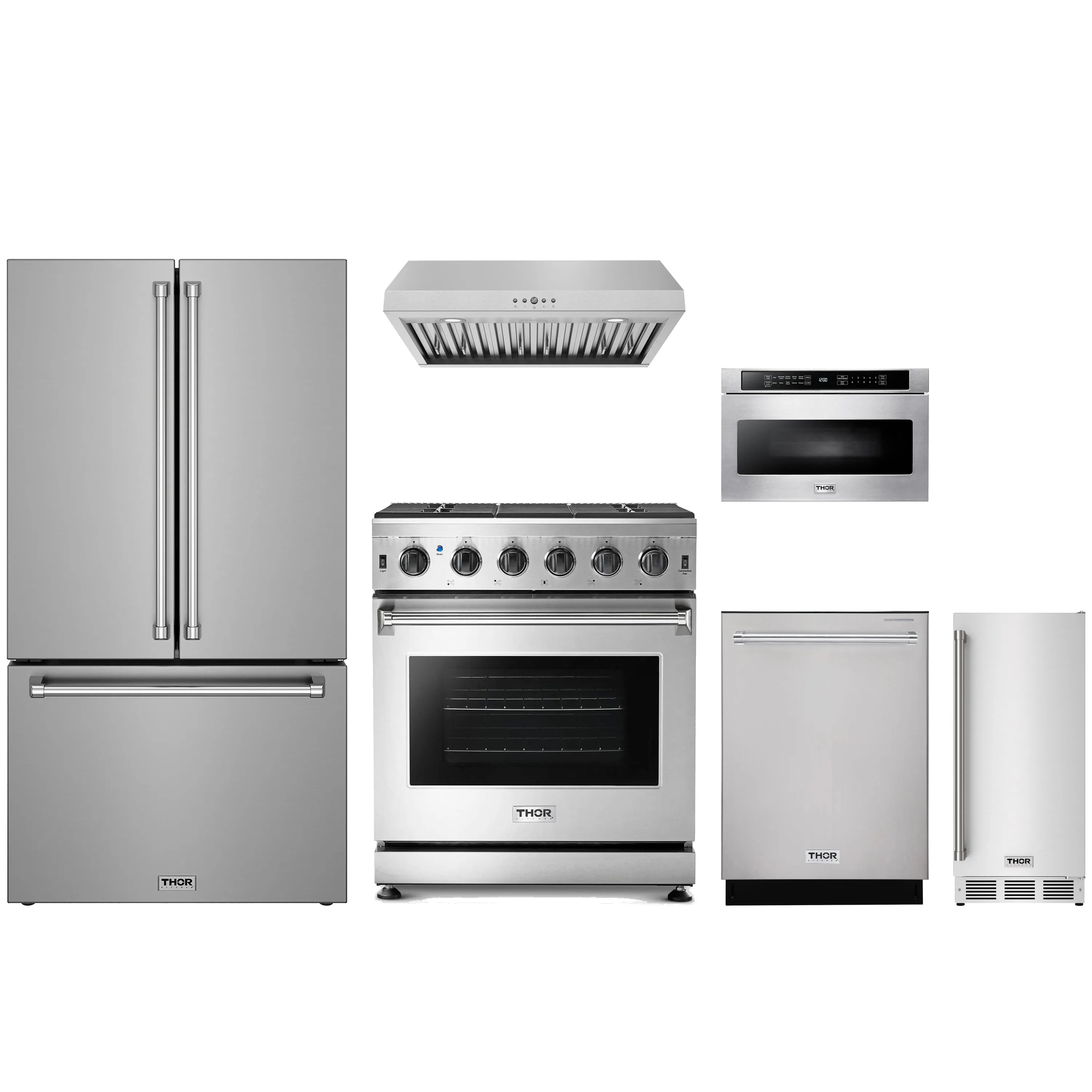 Stainless steel appliance package with refrigerator, gas range, hood, dishwasher, microwave