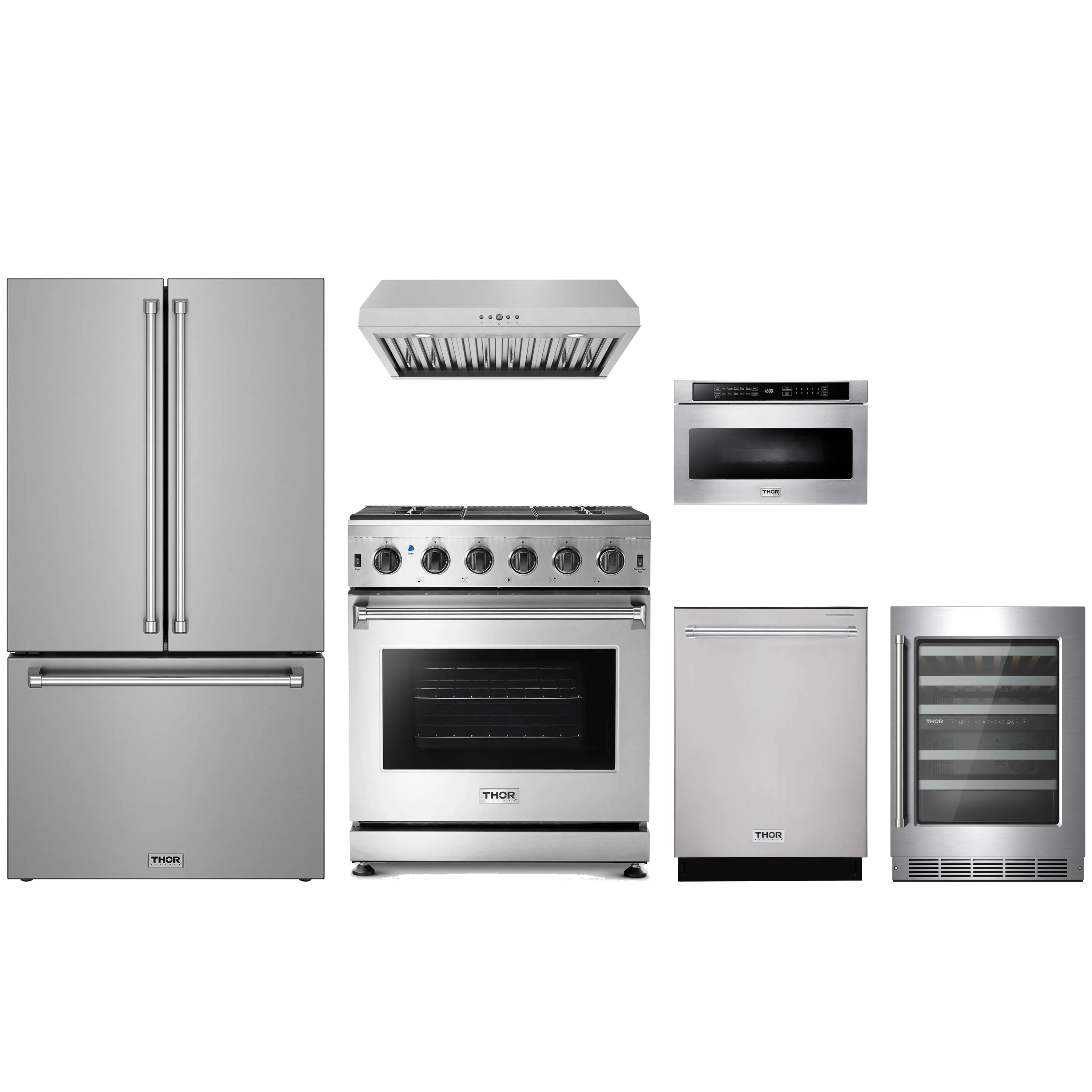 Stainless steel appliance package with gas range, hood, microwave drawer, dishwasher, fridge