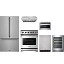 Stainless steel Thor Kitchen appliance package with 30-inch range, range hood, counter-depth refrigerator, dishwasher, microwave drawer, wine cooler