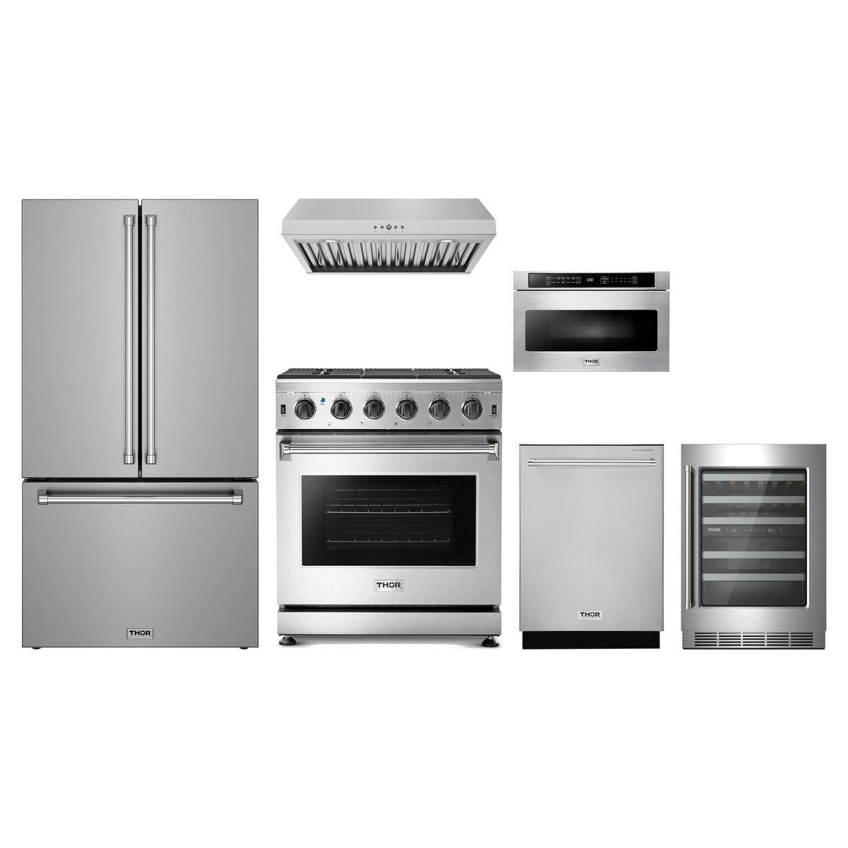 Thor Kitchen 6-Piece Appliance Package - 30-Inch Natural Gas Range, Counter-Depth Refrigerator, Under Cabinet Hood, Dishwasher, Microwave Drawer, & Wine Cooler in Stainless Steel