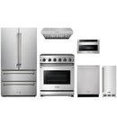 Stainless steel Thor Kitchen appliance package with 30-inch range, range hood, french door refrigerator, dishwasher, microwave drawer, ice maker