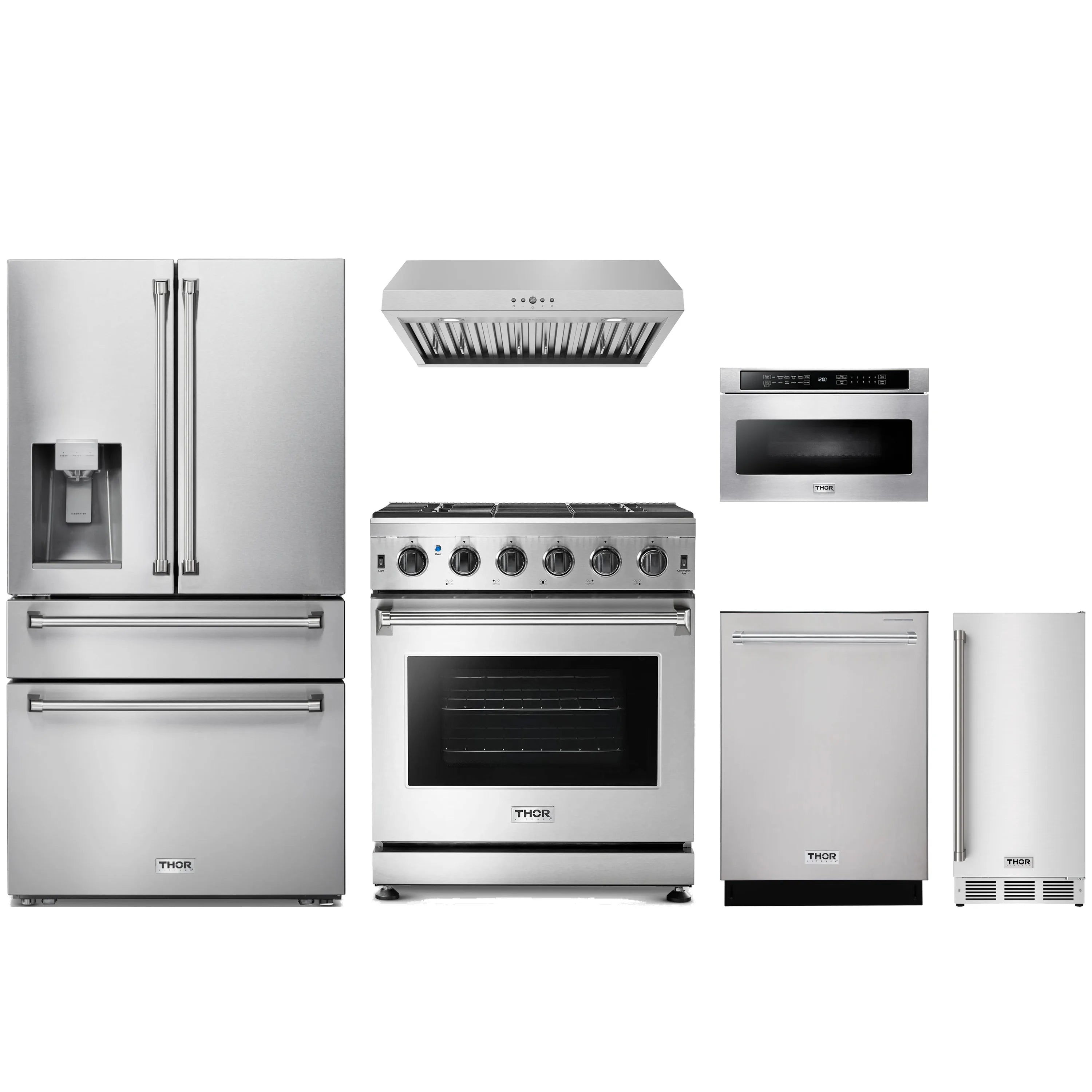 Stainless steel appliance package: refrigerator, range, hood, dishwasher, microwave drawer