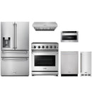 Stainless steel Thor Kitchen appliance package with 30-inch range, range hood, refrigerator with water dispenser, dishwasher, microwave drawer, ice maker
