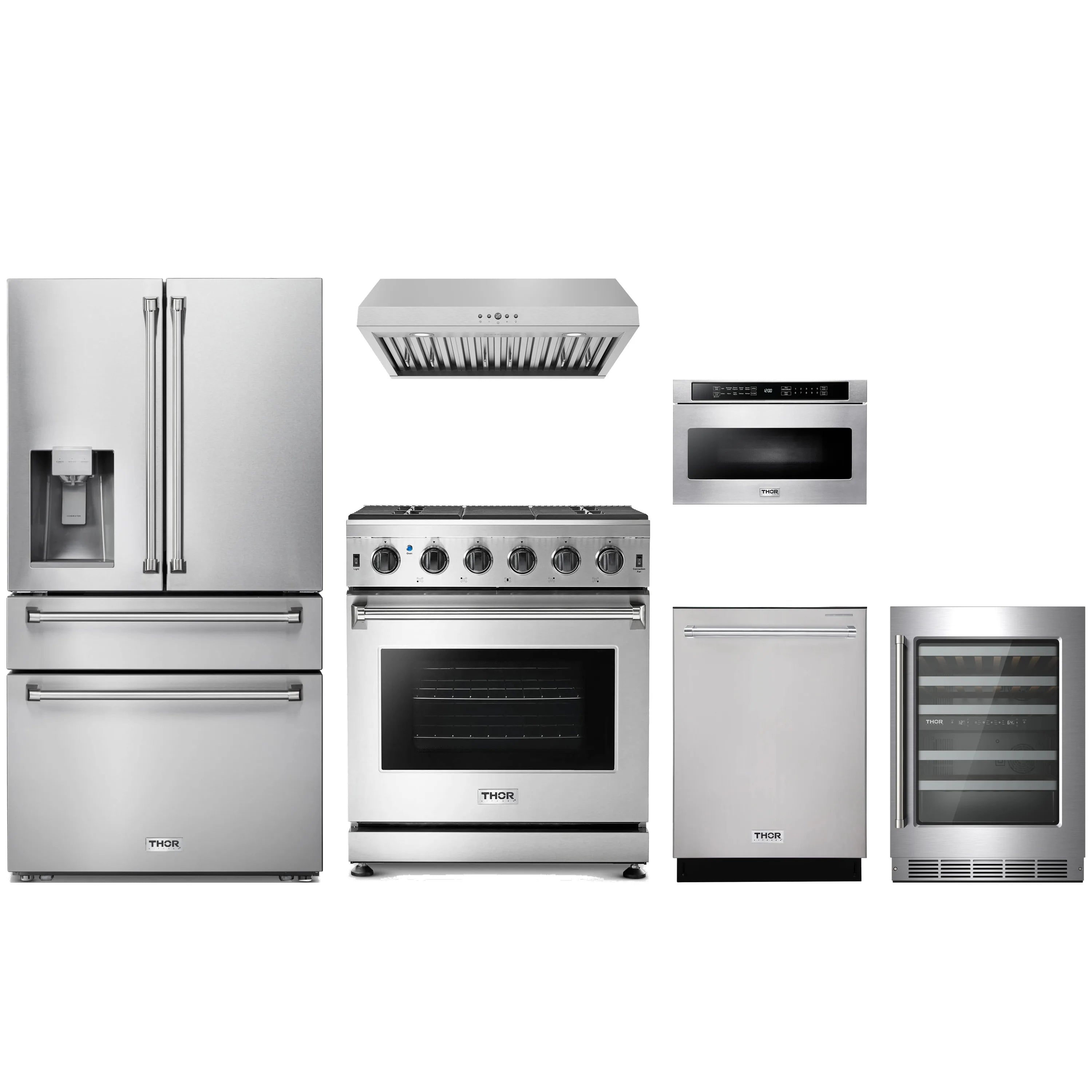 Stainless steel 6-piece appliance package with gas range, refrigerator, hood, dishwasher, microwave