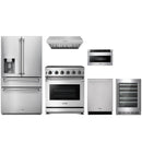 Stainless steel Thor Kitchen appliance package with 30-inch range, range hood, refrigerator with water dispenser, dishwasher, microwave drawer, wine cooler