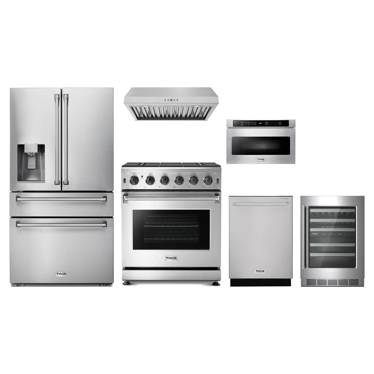 Thor Kitchen 6-Piece Appliance Package - 30-Inch Natural Gas Range, Refrigerator with Water Dispenser, Under Cabinet Hood, Dishwasher, Microwave Drawer, & Wine Cooler in Stainless Steel