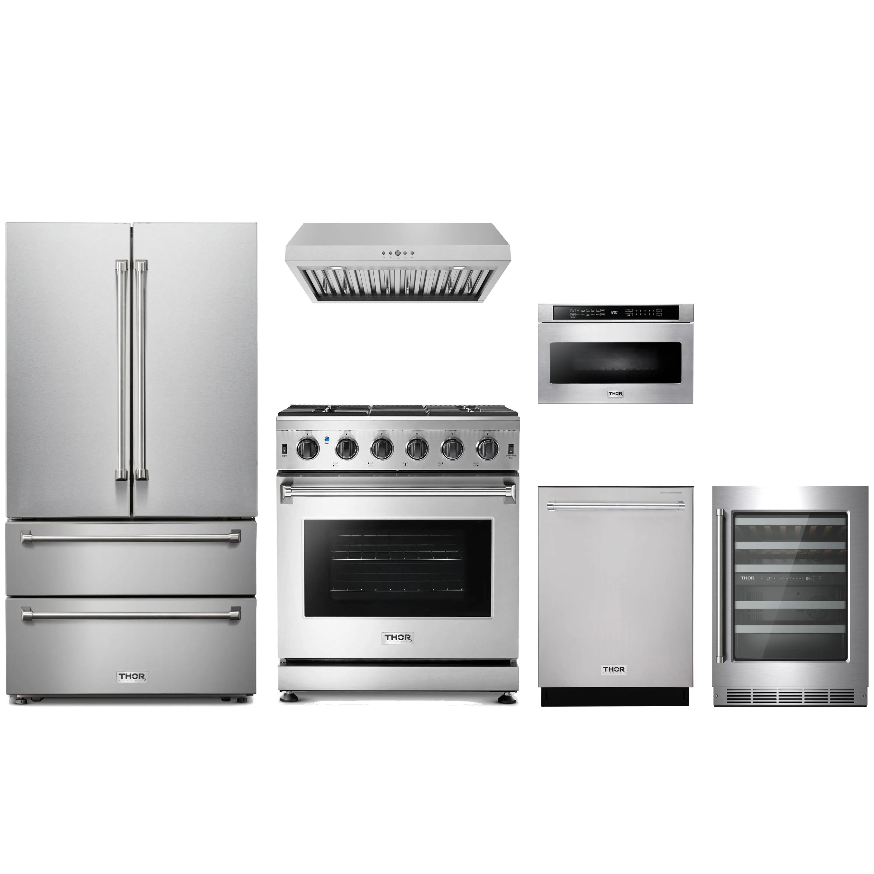 Stainless steel appliance package display with gas range, hood, dishwasher, and refrigerator